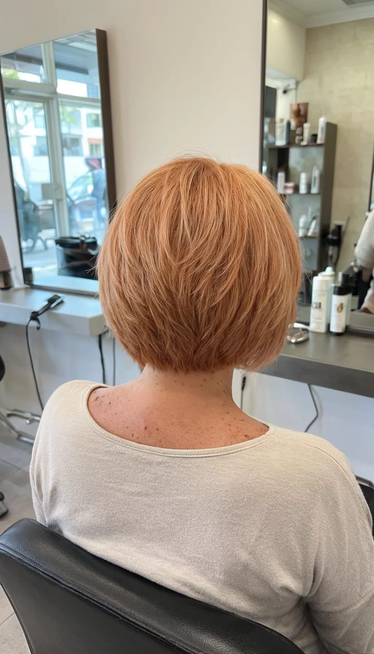 casual photo of a 54-year-old woman wearing a light top with a light copper colored short choppy layered bob hairstyle, back view, salon background
