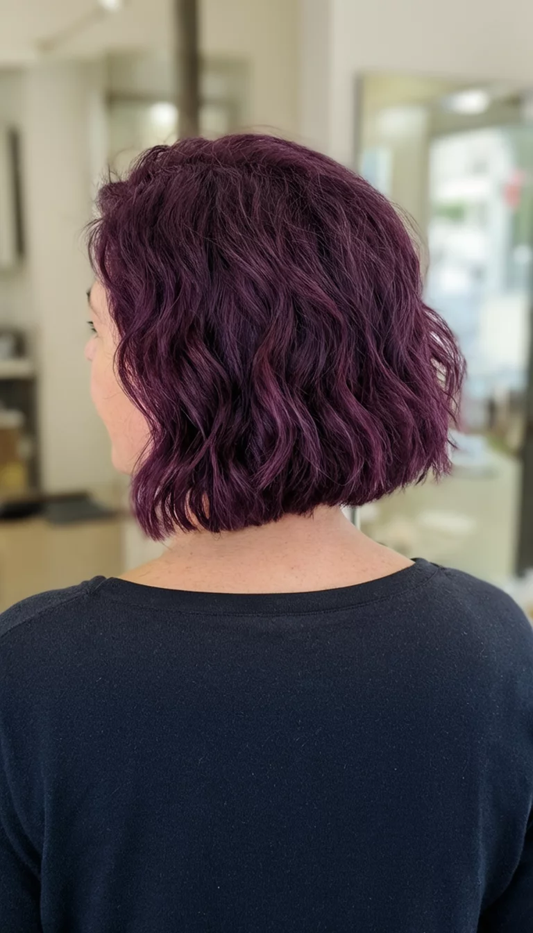 casual photo of a 50-year-old woman wearing a dark top with a dark plum colored short wavy bob hairstyle, back view, indoor background