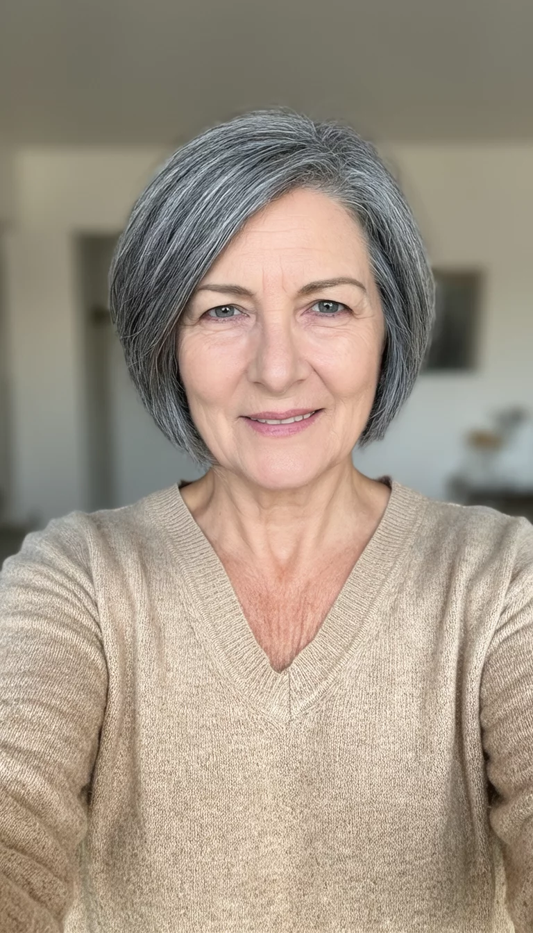selfie of a 58-year-old woman wearing a beige V-neck sweater with a gray colored short layered bob hairstyle, front view, soft indoor background