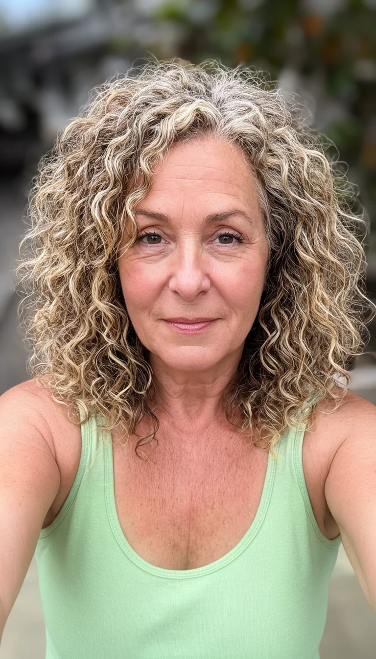 selfie of a 55-year-old woman wearing a light green tank top with a blonde-streaked colored voluminous curly hairstyle, front view, blurred background