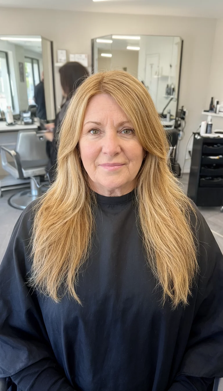 selfie of a 56-year-old woman wearing a black styling cape with a honey-blonde colored long layered hairstyle, front view, salon background