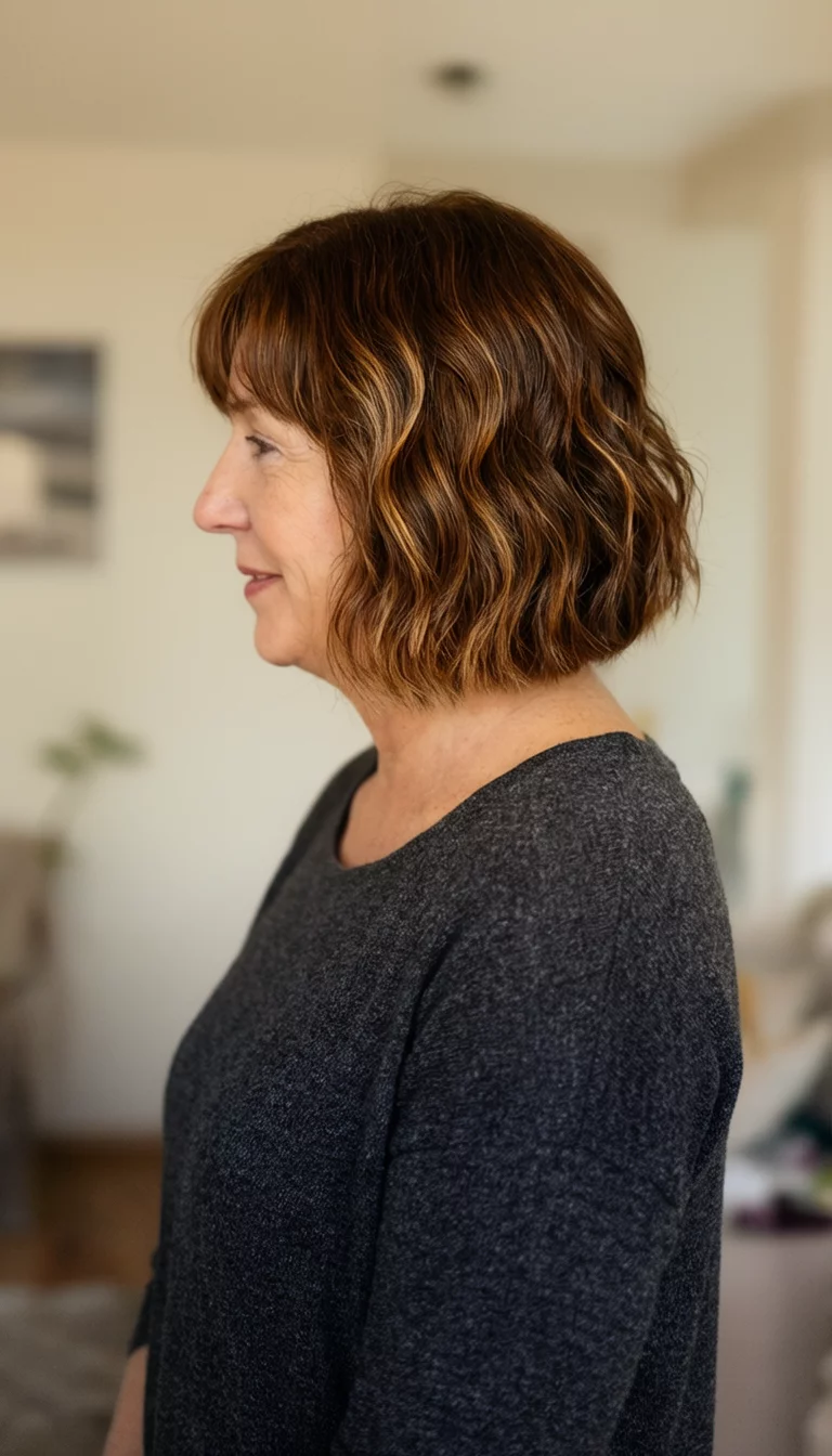 casual photo of a 57-year-old woman wearing a dark gray top with a brown with highlights colored wavy brown bob hairstyle, side view, indoor background