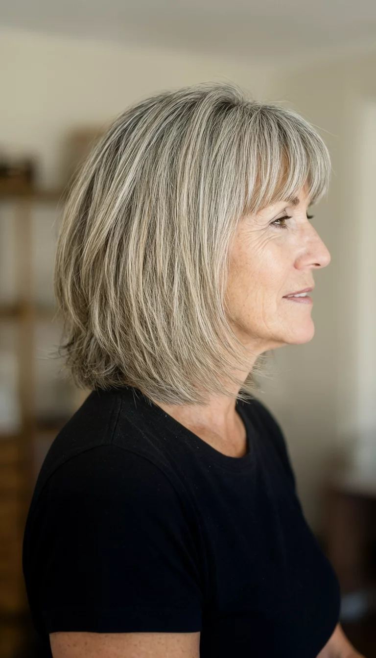 casual photo of a 59-year-old woman wearing a black t-shirt with an ash-blonde colored medium-length layered hairstyle with bangs hairstyle, side view, indoor background