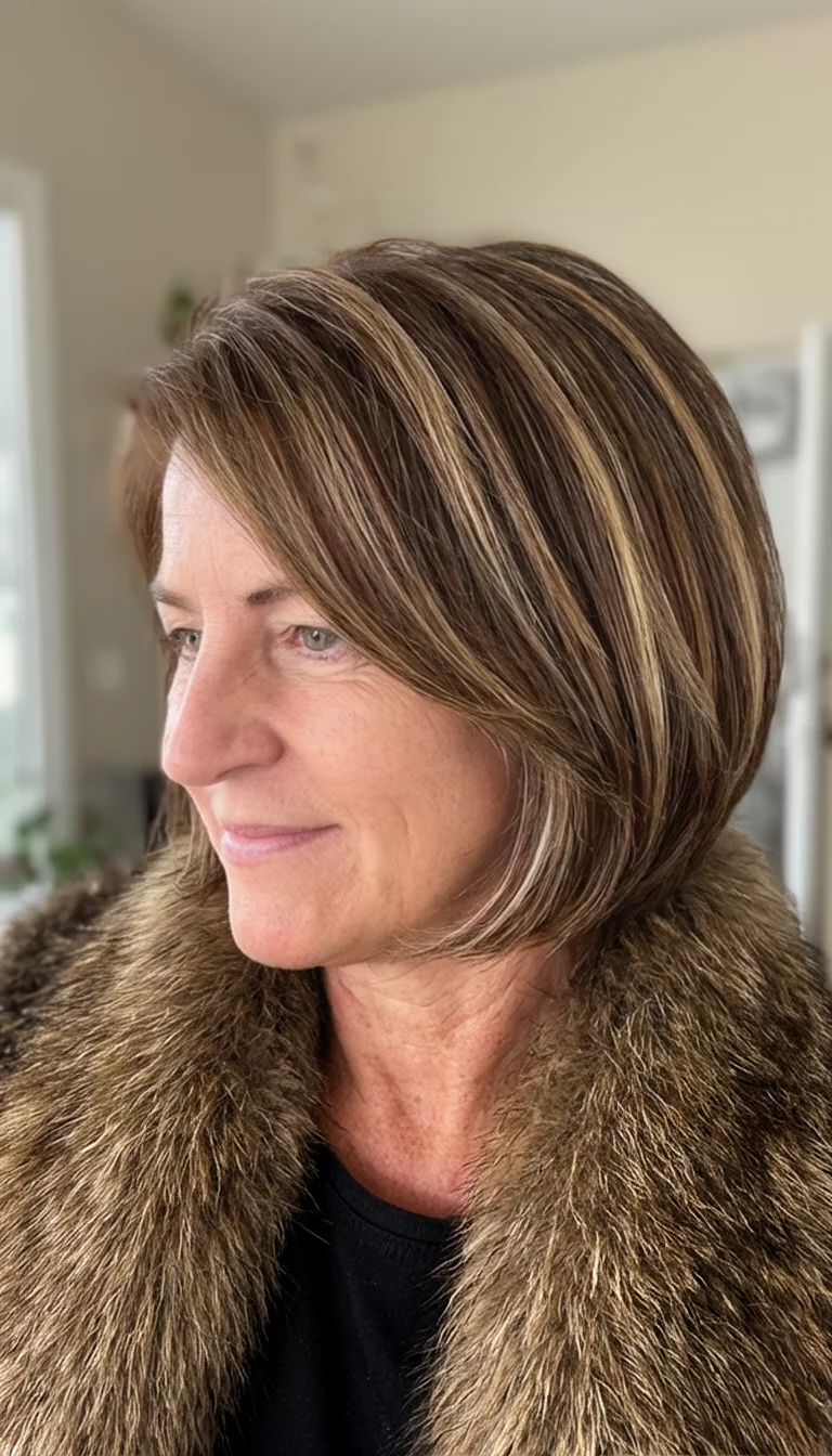 casual photo of a 52-year-old woman wearing a fur collar with a layered brown bob with lighter highlights colored layered brown bob hairstyle, side view, indoor background