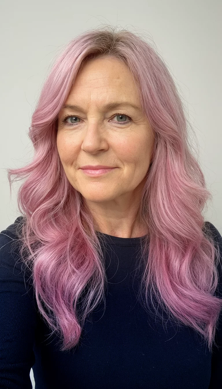 selfie of a 55-year-old woman wearing a dark top with a dark and pastel pink colored long layered and wavy hairstyle, front view, studio background