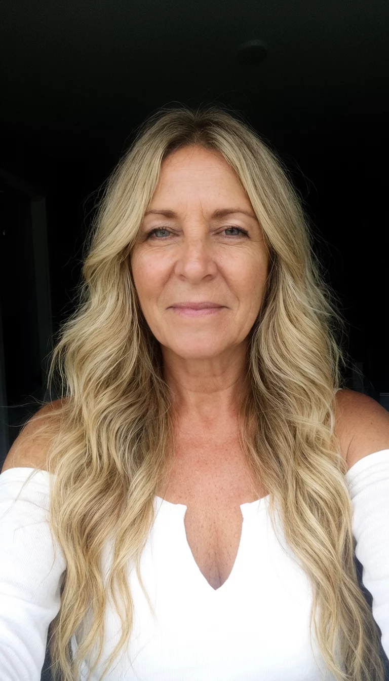 selfie of a 51-year-old woman wearing a white top with a blonde ombre colored very long wavy hairstyle, front view, dark setting