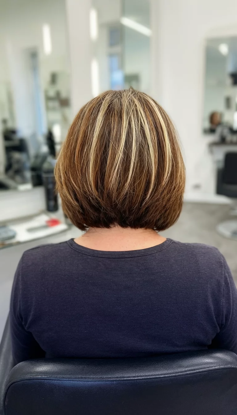 casual photo of a 56-year-old woman wearing a dark top with a brown with blonde highlights colored layered brown bob hairstyle, back view, salon background
