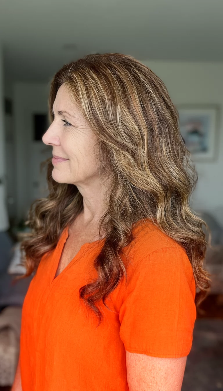 casual photo of a 53-year-old woman wearing an orange top with an auburn with lighter auburn highlights colored long wavy hairstyle, side view, indoor background