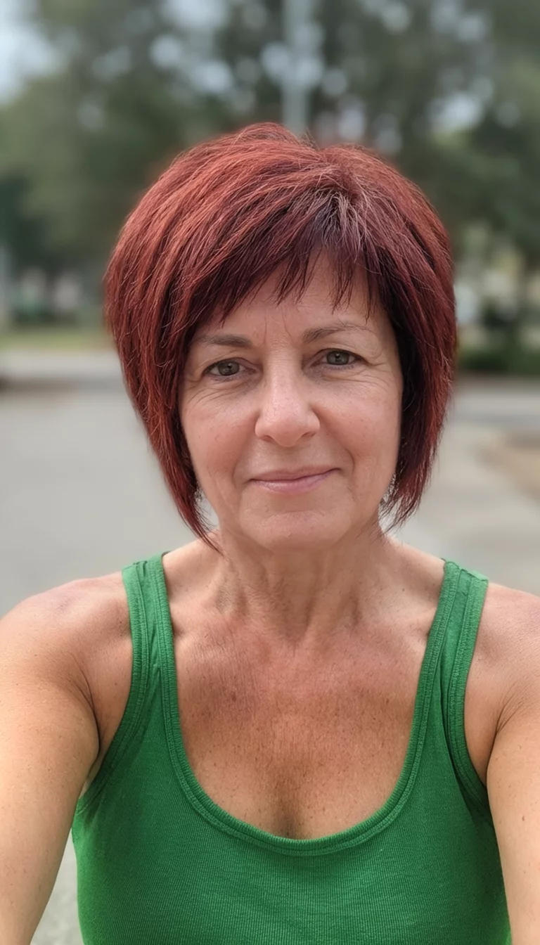 selfie of a 51-year-old woman wearing a green tank top with a reddish-brown colored short layered hairstyle, front view, blurred background