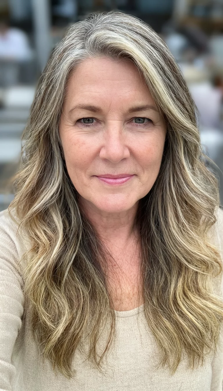 selfie of a 59-year-old woman wearing a neutral top with a blonde-streaked colored long wavy hairstyle, front view, blurred background