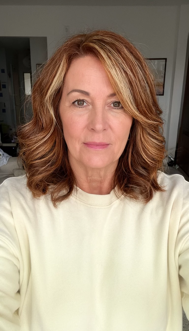 selfie of a 57-year-old woman wearing a cream-colored sweatshirt with an auburn with blonde highlights colored medium-length wavy hairstyle, front view, indoor background