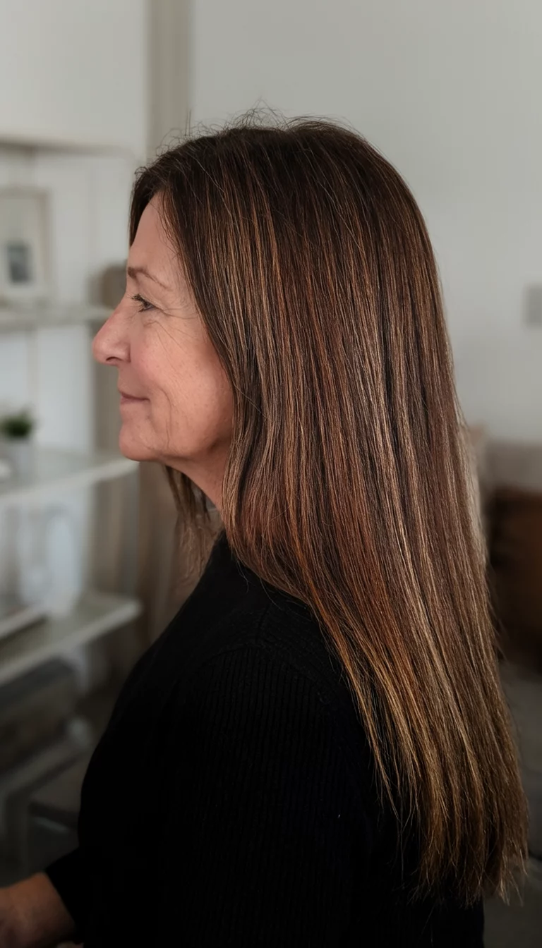 casual photo of a 50-year-old woman wearing a black top with a brown with subtle highlights colored long straight hairstyle, side view, indoor background