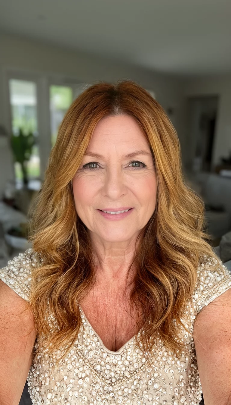 selfie of a 50-year-old woman wearing a light-colored beaded top with an auburn with golden highlights colored long wavy hairstyle, front view, indoor background