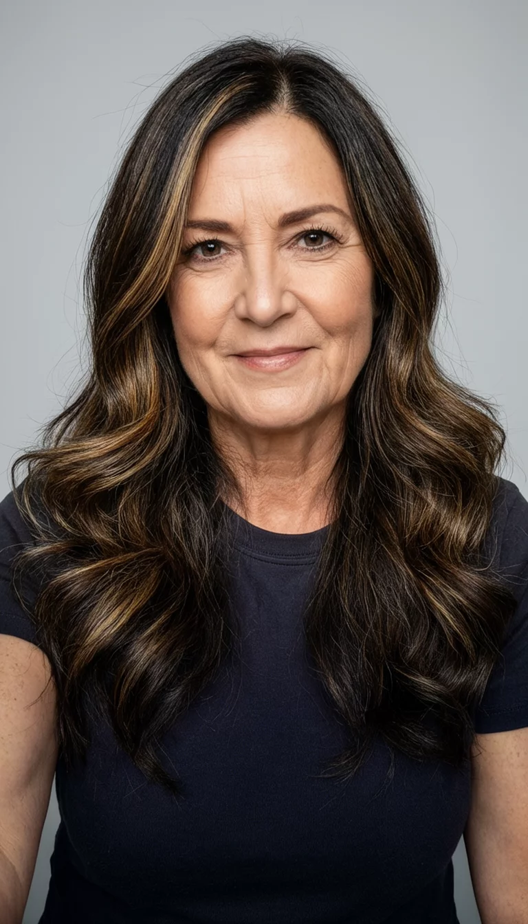 selfie of a 53-year-old woman wearing a dark top with a dark brown with highlights colored long wavy hairstyle, front view, studio background