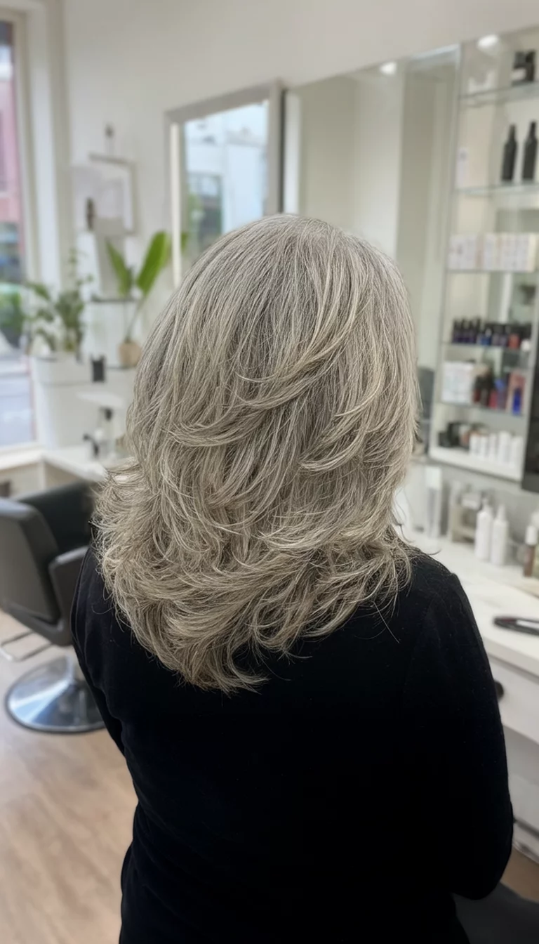 Cool Ash Blonde Layers casual photo of a 64-year-old woman wearing a black top with a ash-blonde colored layered, wavy texture hairstyle, back view, salon setting