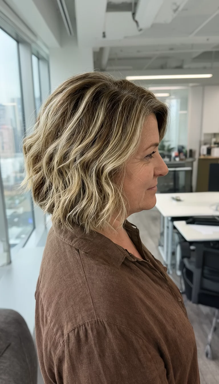 Dimensional Caramel Toffee casual photo of a 64-year-old woman wearing a casual shirt with a brown with blonde highlights colored short, wavy bob hairstyle, side view, modern office background
