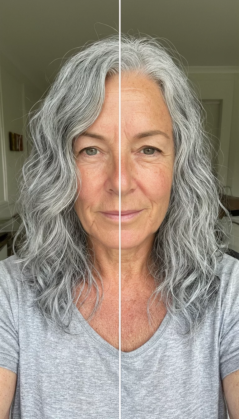 Seamless Silver Transition selfie of a 69-year-old woman wearing a casual top with a silver colored loose waves hairstyle, front view, split image transformation background