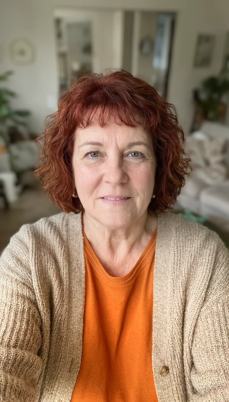 Warm Ginger Snap selfie of a 62-year-old woman wearing a beige cardigan over an orange top with a reddish-brown colored short, wavy hairstyle, front view, cozy indoor setting