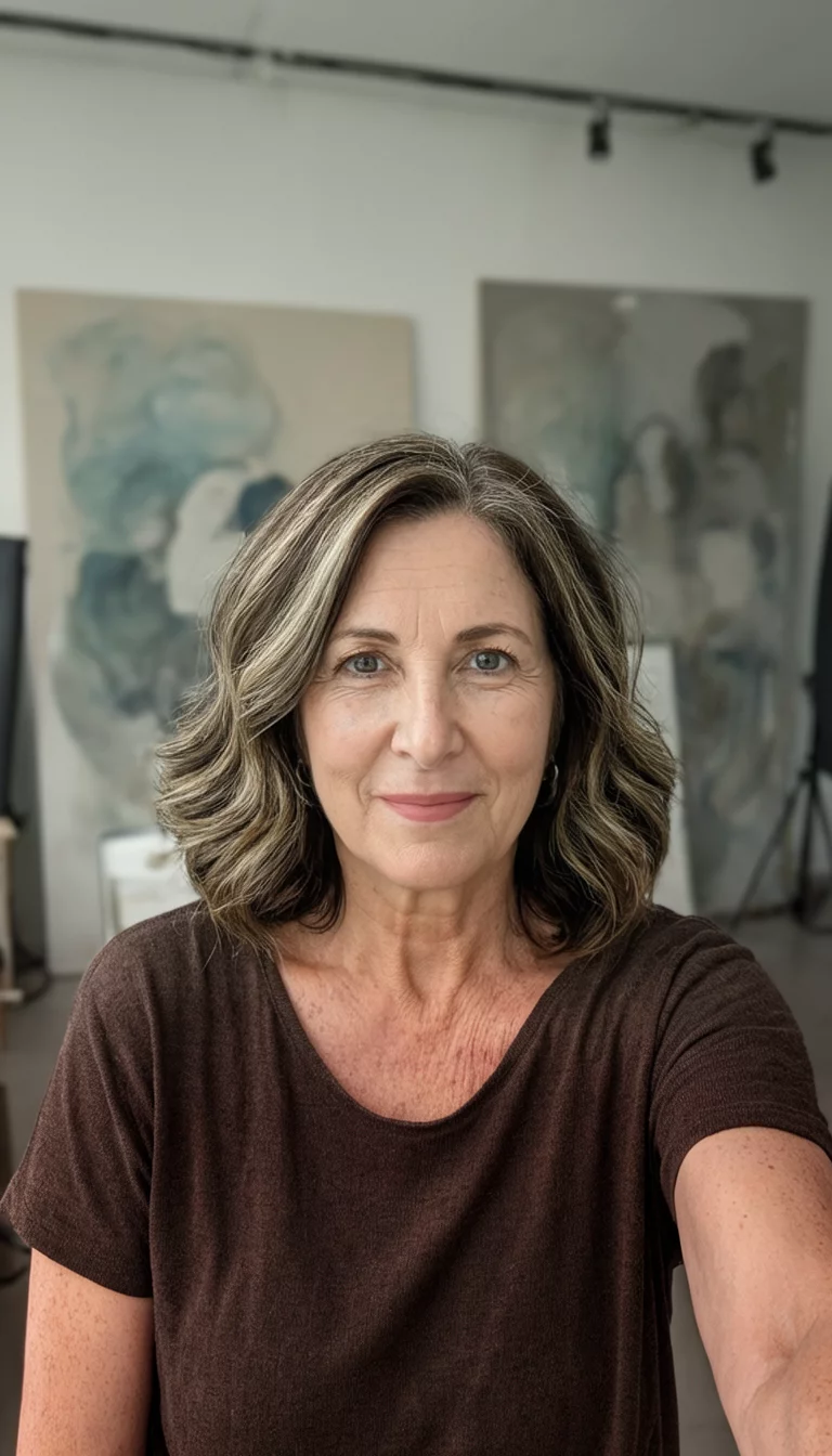 Cool Walnut Highlights selfie of a 63-year-old woman wearing a casual top with a dark brown with lighter highlights colored shoulder-length, wavy hairstyle, front view, artistic studio background