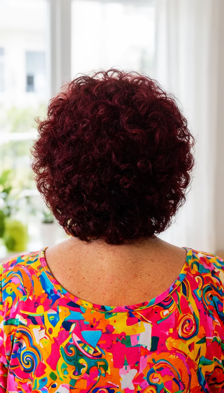 Spiced Cherry Curls casual photo of a 63-year-old woman wearing a bright top with a dark red colored curly hairstyle, back view, bright indoor setting