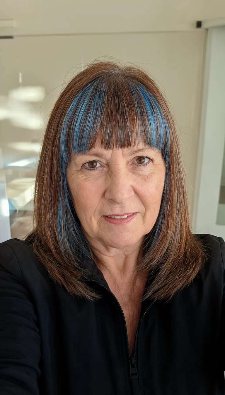 Blue Velvet Brunette selfie of a 69-year-old woman wearing a black jacket with a brown with subtle blue streaks colored hair with bangs hairstyle, front view, indoor lit setting