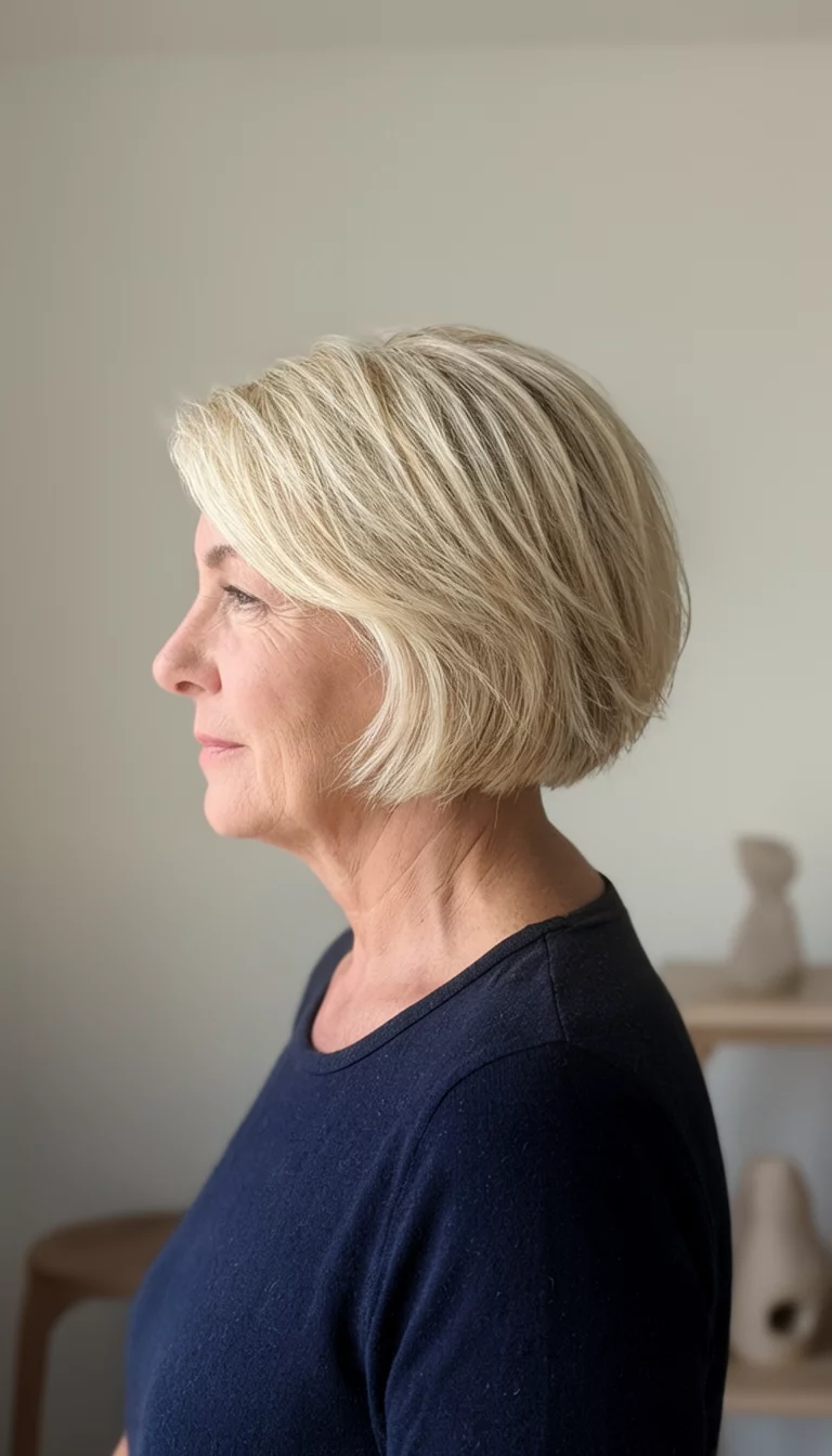 Icy Blonde Bob casual photo of a 66-year-old woman wearing a dark top with a blonde colored short, layered bob hairstyle, side view, minimalist room background