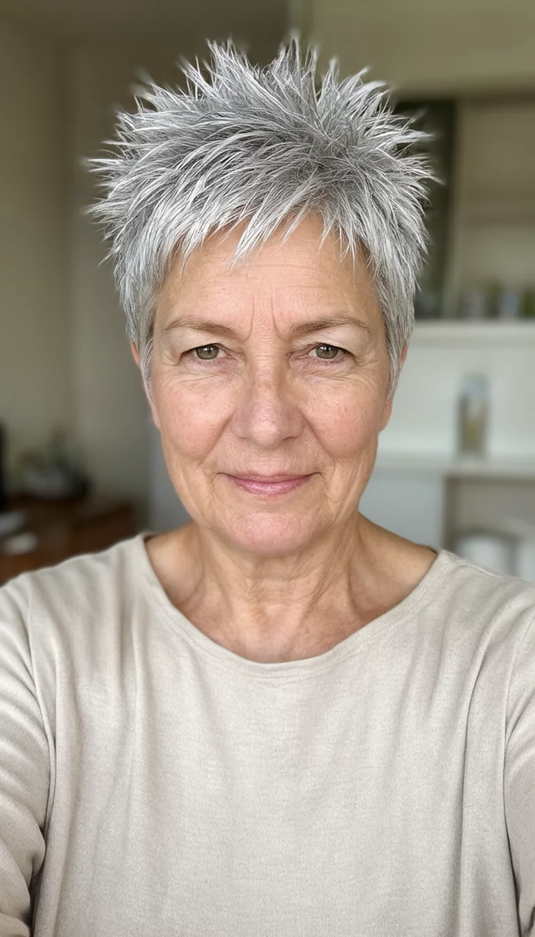 Modern Spiky Silver selfie of a 67-year-old woman wearing a simple top with a spiky silver colored short hairstyle, front view, split image background