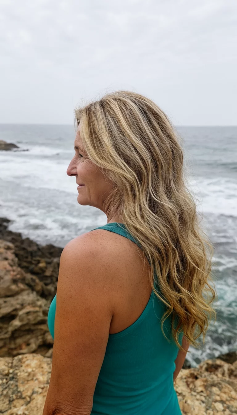 Sandy Beach Profile casual photo of a 62-year-old woman wearing a teal tank top with a blonde and light brown highlighted colored long, wavy hairstyle, side profile, coastal background
