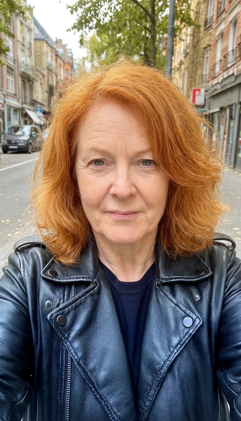 Classic Ginger Wave selfie of a 61-year-old woman wearing a black leather jacket with a ginger colored medium-length, wavy hairstyle, front view, outdoor street setting