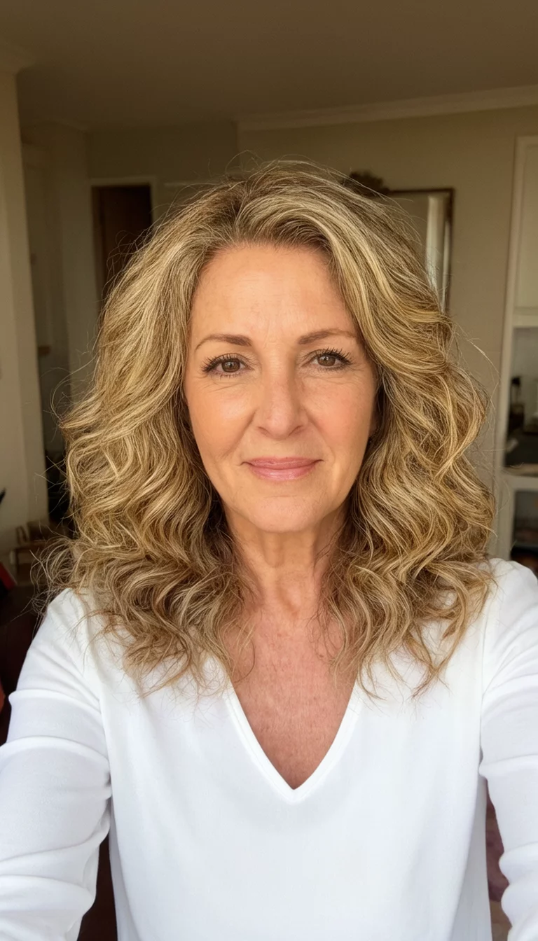 Sun Kissed Toffee Waves selfie of a 62-year-old woman wearing a white top with a blonde-brown colored voluminous, wavy hairstyle, front view, indoor home setting
