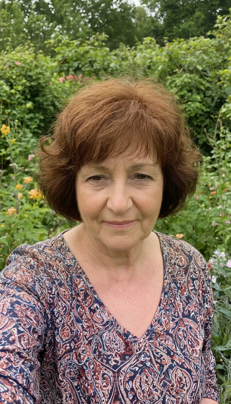 Autumn Mocha Bob selfie of a 61-year-old woman wearing a patterned top with a brown colored short, wavy hairstyle, front view, garden background