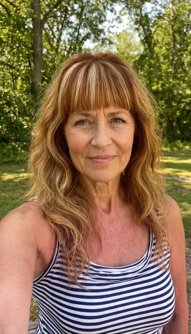 Auburn Bangs with Gold selfie of a 60-year-old woman wearing a striped tank top with a auburn with blonde highlights colored long, wavy with bangs hairstyle, front view, outdoor sunlit setting