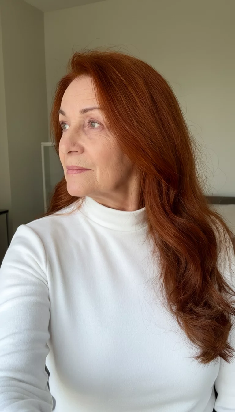 Deep Auburn Elegance selfie of a 67-year-old woman wearing a white mock-neck top with a auburn colored long, wavy hairstyle, side view, neutral indoor setting