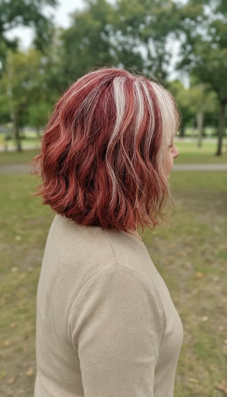 Cinnamon Highlighted Waves casual photo of a 65-year-old woman wearing a neutral top with a reddish-brown with lighter highlights colored shoulder-length, wavy hairstyle, side view, outdoor park setting