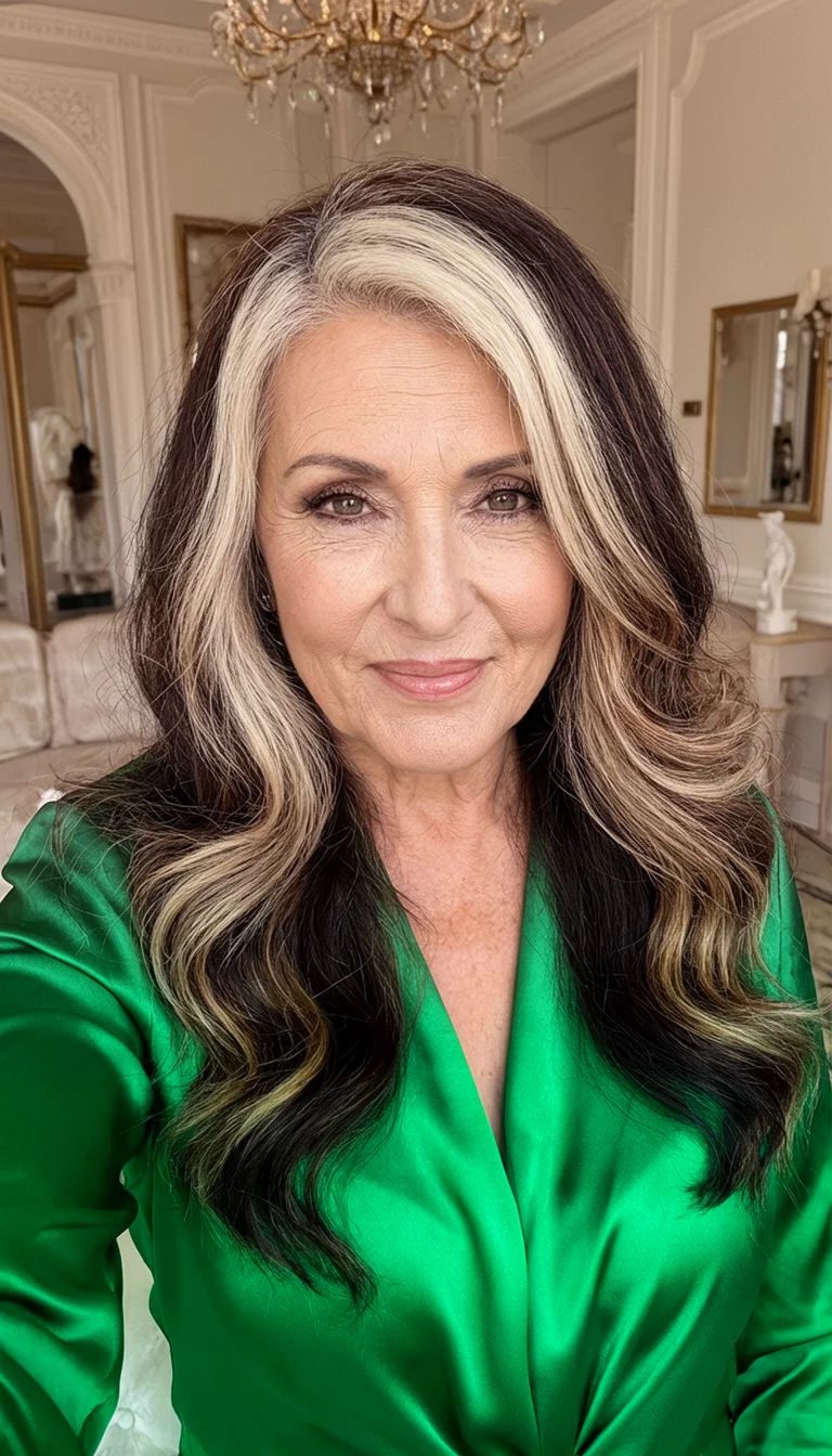 High Contrast Honey selfie of a 60-year-old woman wearing a green satin top with a dark brown with prominent blonde highlights colored long, wavy hairstyle, front view, elegant indoor setting