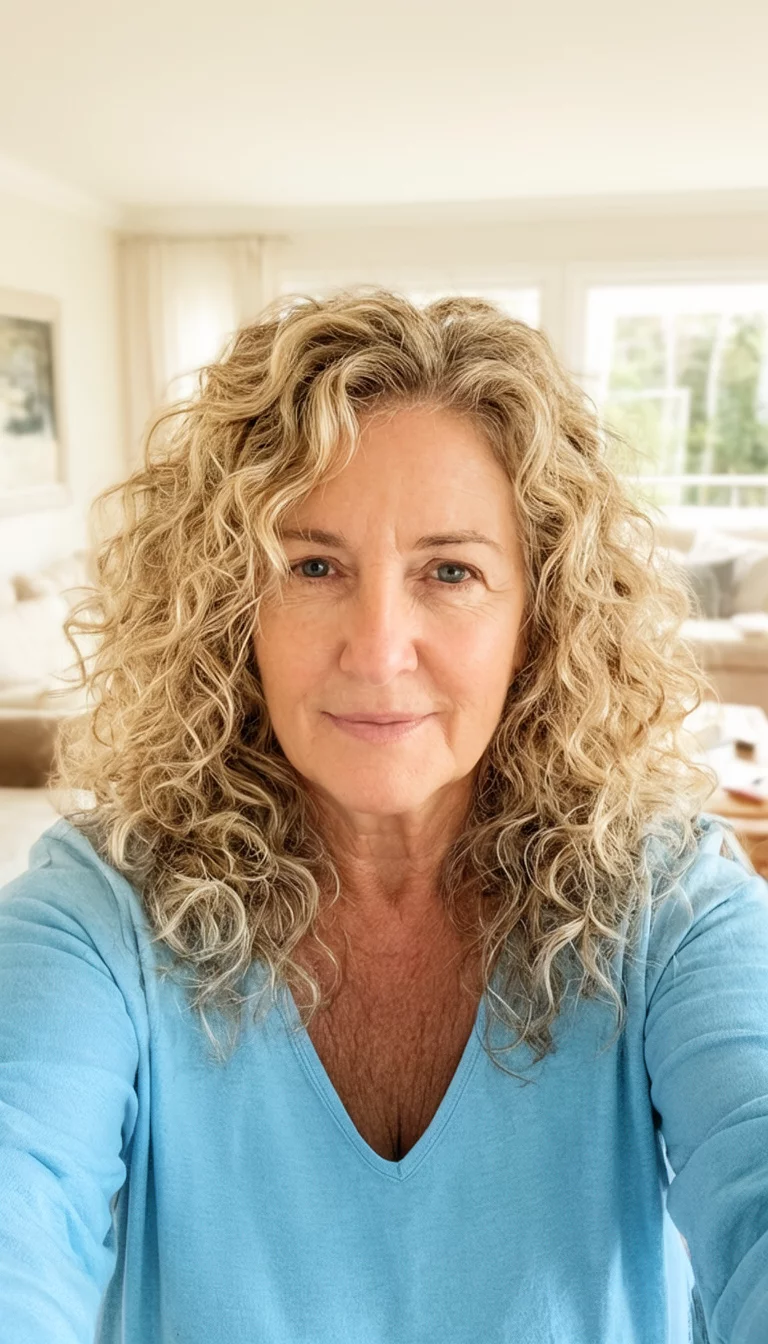 Champagne Cream Curls selfie of a 64-year-old woman wearing a light blue top with a blonde and light brown colored voluminous curly hairstyle, front view, bright living room background