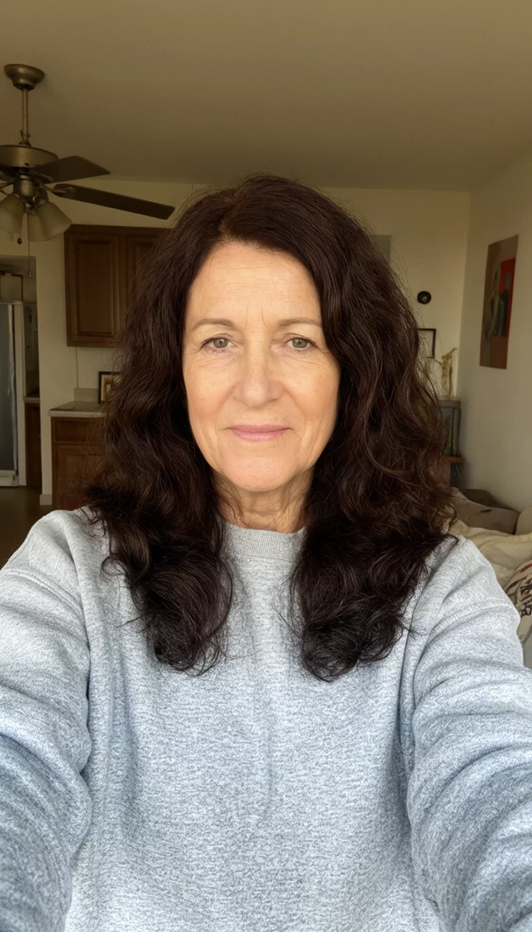Dark Espresso Shine selfie of a 60-year-old woman wearing a grey sweatshirt with a dark brown colored long wavy hairstyle, front view, casual home setting