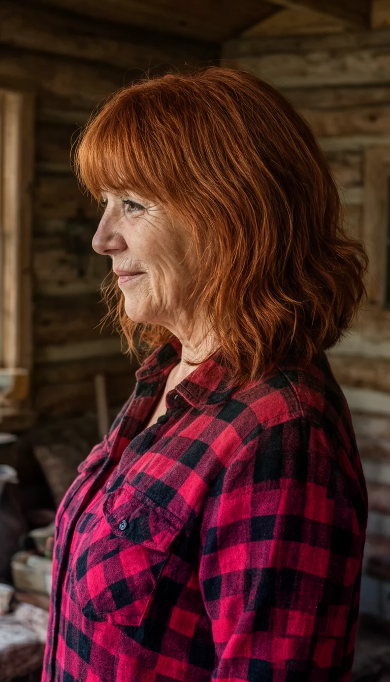 Cozy Copper Glow casual photo of a 66-year-old woman wearing a red and black plaid shirt with a copper-red colored medium-length, wavy hairstyle, side view, rustic indoor setting