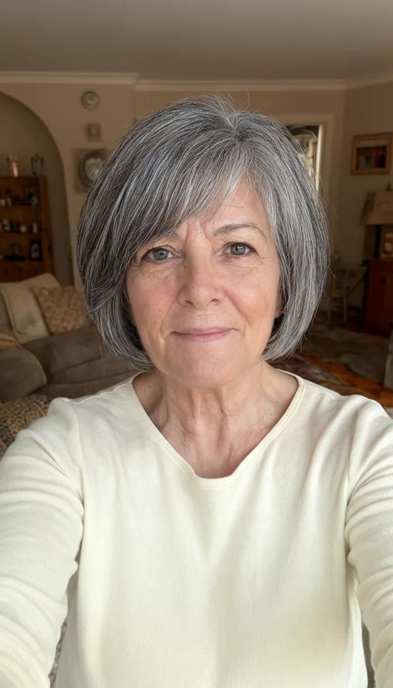 Soft Dove Grey selfie of a 68-year-old woman wearing a cream-colored top with a grey colored short, layered bob hairstyle, front view, cozy living room