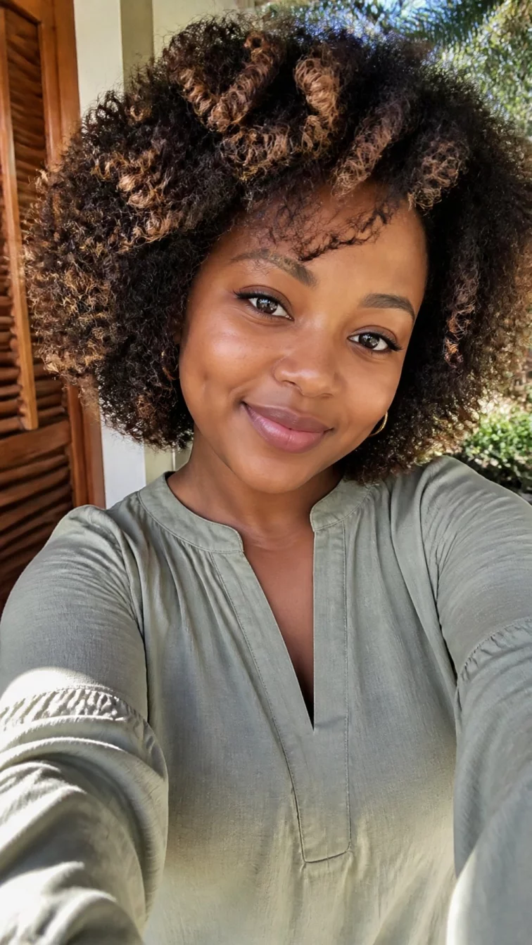 selfie of a 30-year-old Afro-Caribbean woman with a pear-shaped face, deep brown, rounded nose, feathered eyebrows, and wide lips. Her face features dimples, light freckles, and subtle natural facial asymmetry. She has upturned brown eyes, rounded cheeks, closed-mouth smile, playful. She is petite and is wearing a sage green tunic top with soft tan salted caramel highlights afro-textured hair, soft window light, outdoor
