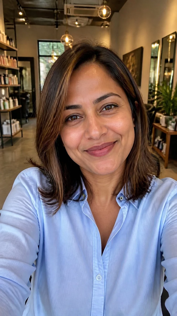 selfie of a 33-year-old South Asian woman with a oval face, golden brown, upturned nose, thin arched eyebrows, and wide lips. Her face features dimples, a few laugh lines, and subtle natural facial asymmetry. She has downturned hazel eyes, soft cheekbones, broad smile, relaxed. She is athletic and is wearing a baby blue oxford shirt with warm caramel brown face-framing highlights shoulder-length hair, warm indoor lighting, hair salon