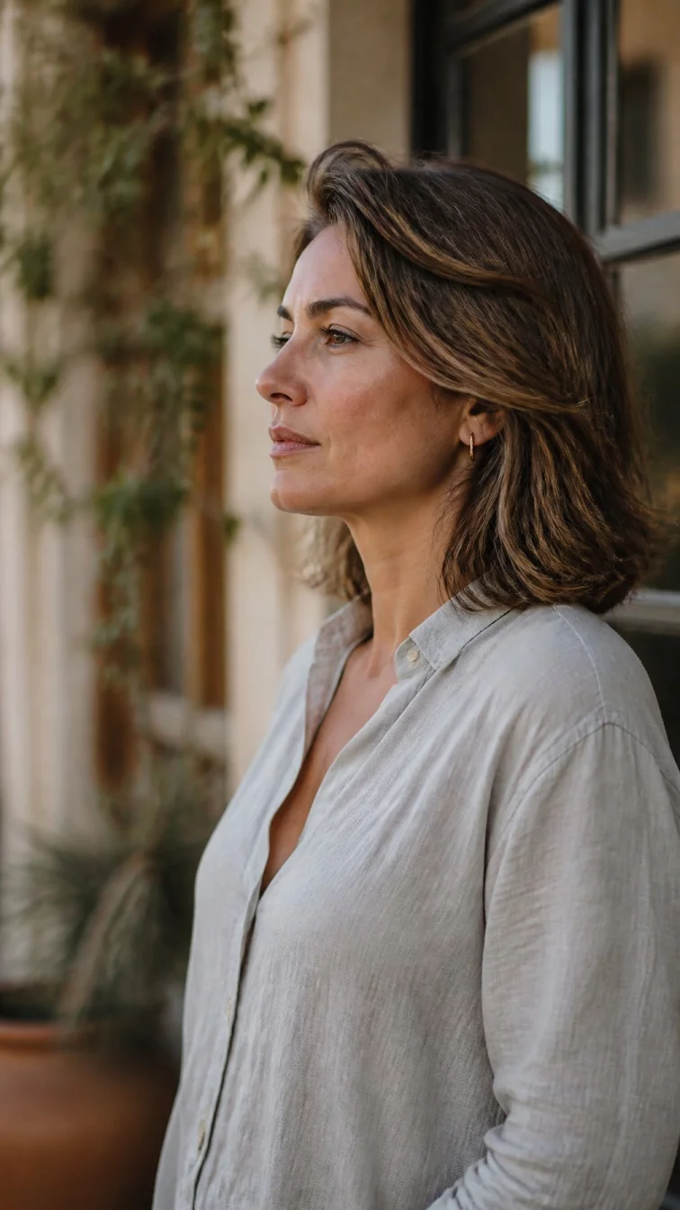 A side photo of a 42-year-old Southern European woman with a oval face, deep brown, aquiline nose, thick natural eyebrows, and full lips. Her face features small scar on the eyebrow, slightly flushed cheeks, and subtle natural facial asymmetry. She has monolid gray eyes, high cheekbones, neutral expression, thoughtful. She is curvy and is wearing a light gray linen shirt with cool beige sandstone highlights lob haircut hair, warm indoor lighting, outdoor