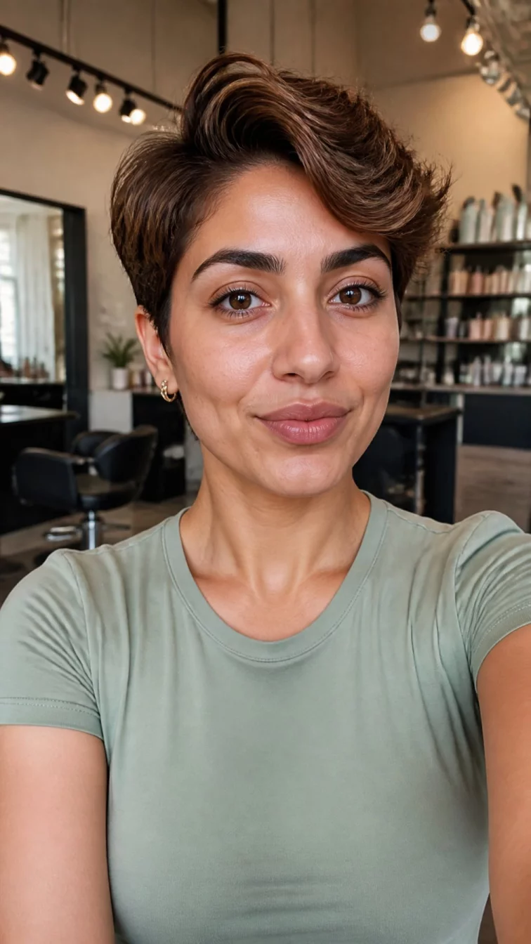 selfie of a 36-year-old Middle Eastern woman with a heart-shaped face, dark brown, upturned nose, thick natural eyebrows, and heart-shaped lips. Her face features dimples, subtle acne marks, and subtle natural facial asymmetry. She has deep-set brown eyes, high cheekbones, neutral expression, playful. She is average and is wearing a sage green fitted t-shirt with medium brown golden walnut lowlights pixie cut hair, soft window light, hair salon