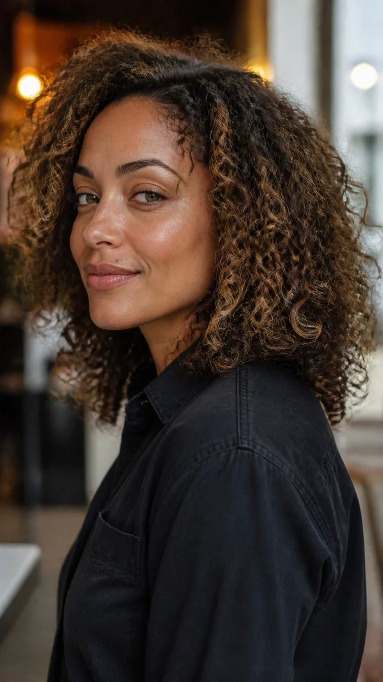 A side photo of a 35-year-old Afro-Caribbean woman with a oblong face, tan, upturned nose, thick natural eyebrows, and thin lips. Her face features beauty mark near the lip, light freckles, and subtle natural facial asymmetry. She has almond-shaped hazel eyes, soft cheekbones, subtle smile, playful. She is average and is wearing a black chambray shirt with pale neutral wheat highlights curly hair, warm indoor lighting, indoor