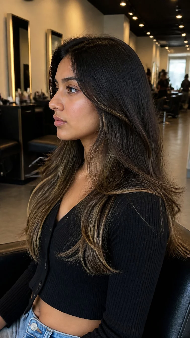 A side photo of a 23-year-old South Asian woman with a oblong face, dark brown, upturned nose, straight eyebrows, and heart-shaped lips. Her face features widow's peak hairline, visible pores, and subtle natural facial asymmetry. She has upturned hazel eyes, high cheekbones, neutral expression, relaxed. She is petite and is wearing a black cropped cardigan with pale muted golden highlights long hair, soft window light, hair salon