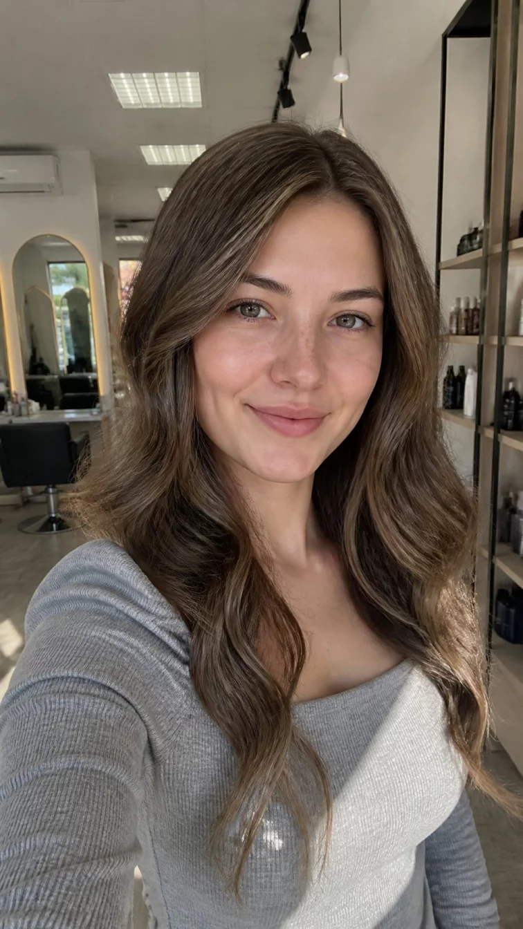 selfie of a 36-year-old Eastern European woman with a pear-shaped face, fair, rounded nose, straight eyebrows, and thin lips. Her face features dimples, light freckles, and subtle natural facial asymmetry. She has almond-shaped gray eyes, rounded cheeks, neutral expression, cheerful. She is petite and is wearing a light gray square-neck blouse with cool ash brown iced mocha highlights long hair, bright natural daylight, hair salon