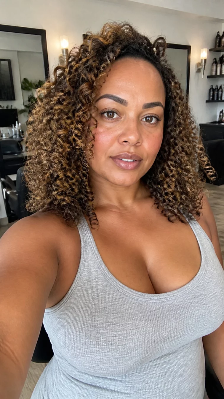 selfie of a 38-year-old Afro-Caribbean woman with a oval face, tan, button nose, thick natural eyebrows, and full lips. Her face features gap between front teeth, slightly flushed cheeks, and subtle natural facial asymmetry. She has deep-set amber eyes, pronounced cheekbones, neutral expression, confident. She is curvy and is wearing a light gray tank-style top with creamy golden butterscotch highlights curly hair, soft window light, hair salon