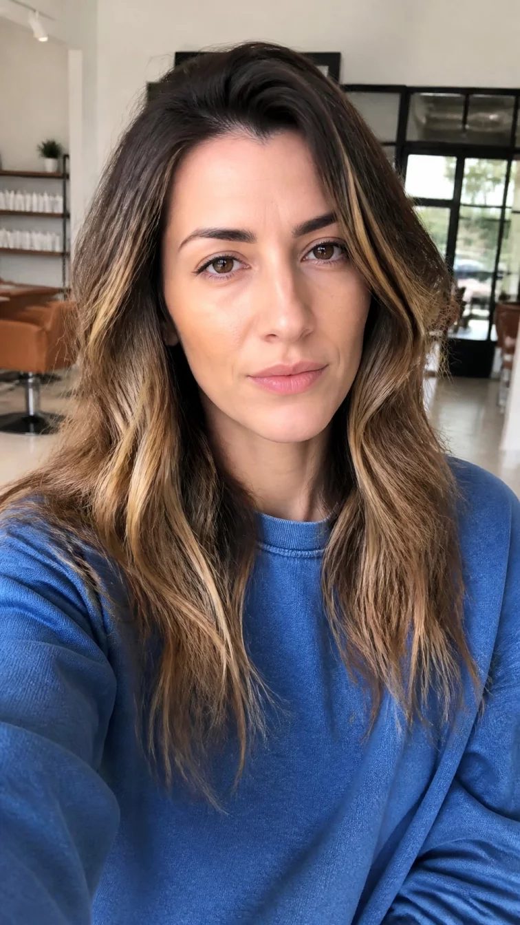 selfie of a 30-year-old Eastern European woman with a oblong face, dark brown, aquiline nose, thin arched eyebrows, and full lips. Her face features widow's peak hairline, a few laugh lines, and subtle natural facial asymmetry. She has downturned brown eyes, high cheekbones, neutral expression, thoughtful. She is average and is wearing a denim blue crewneck sweatshirt with golden honey amber highlights layered hair, bright natural daylight, hair salon