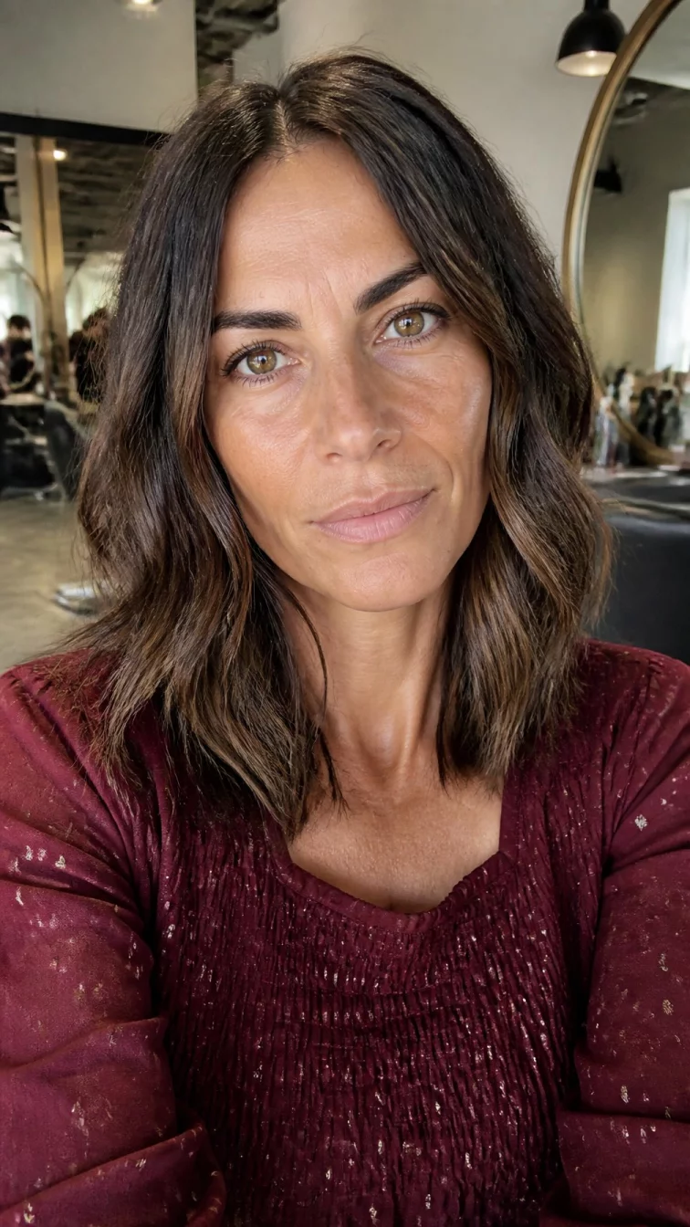 selfie of a 42-year-old Southern European woman with a heart-shaped face, tan, aquiline nose, thick natural eyebrows, and wide lips. Her face features dimples, subtle acne marks, and subtle natural facial asymmetry. She has hooded amber eyes, soft cheekbones, neutral expression, thoughtful. She is athletic and is wearing a burgundy smocked blouse with metallic bronze highlights shoulder-length hair, bright natural daylight, hair salon