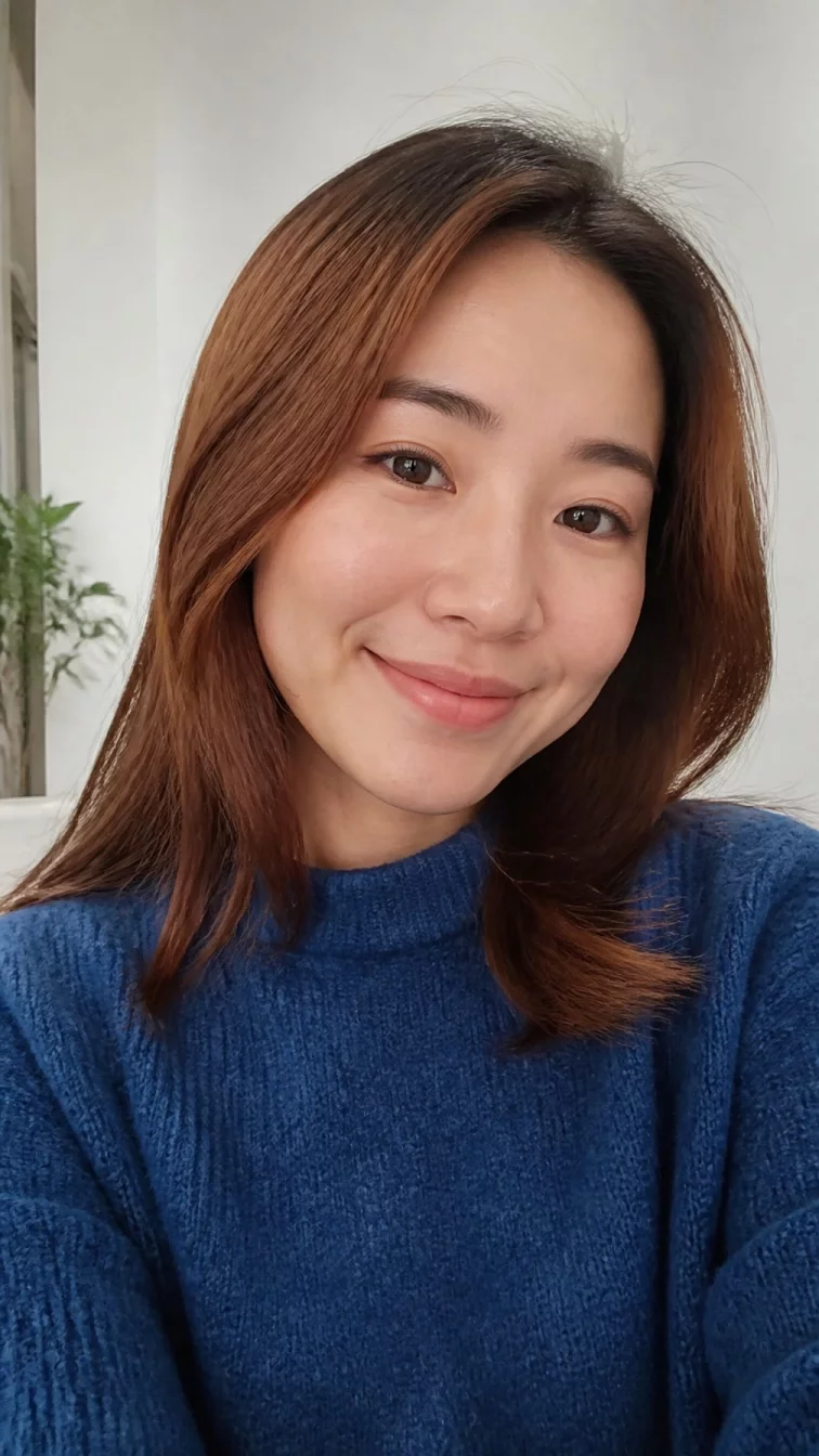 selfie of a 29-year-old East Asian woman with a oval face, golden brown, rounded nose, thick natural eyebrows, and thin lips. Her face features uneven eyebrows, subtle acne marks, and subtle natural facial asymmetry. She has round dark brown eyes, pronounced cheekbones, broad smile, thoughtful. She is petite and is wearing a denim blue sweater with warm reddish-brown chestnut highlights mid-length hair, overcast daylight, indoor